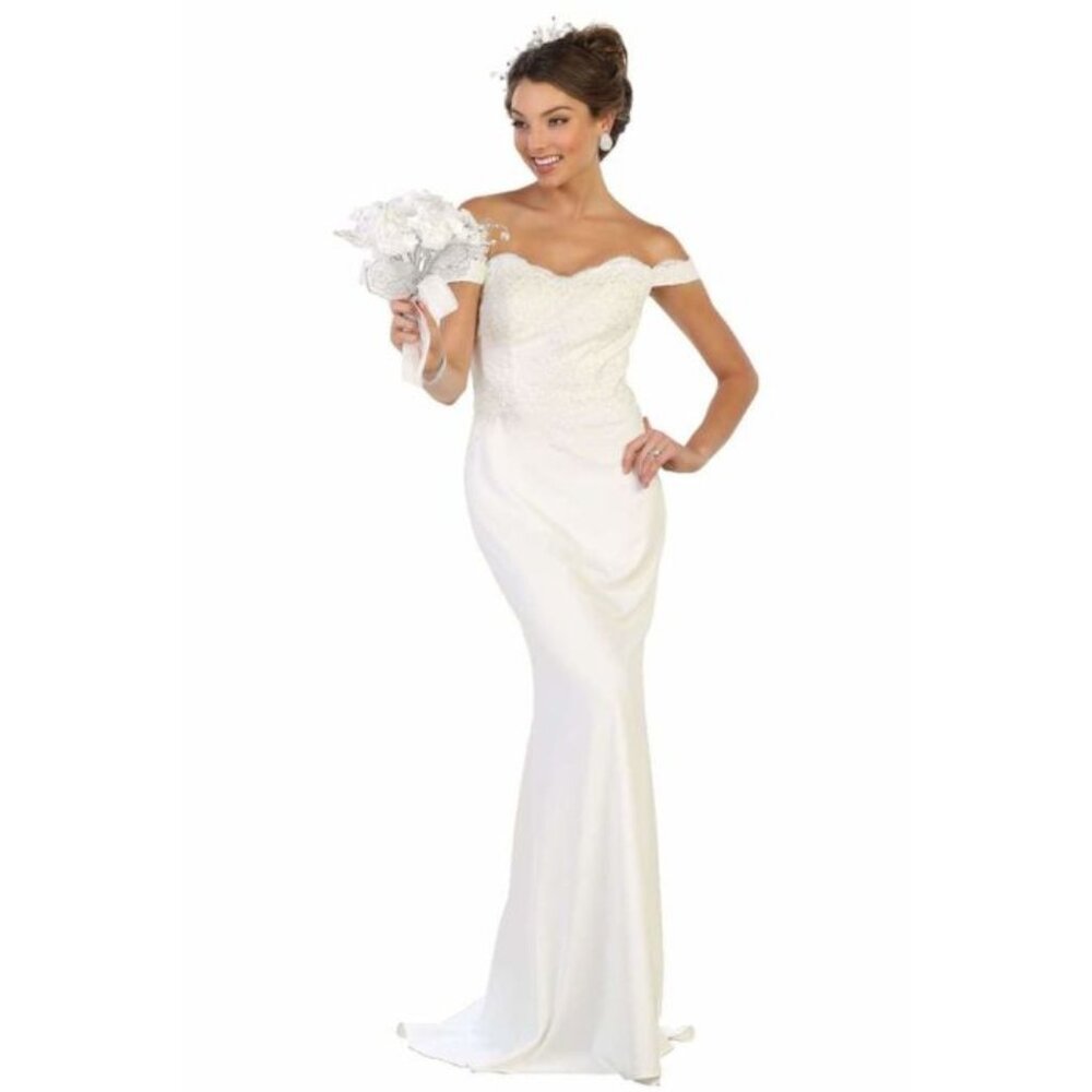 White Bridal Long Off Shoulder Sleeveless Wedding Dress By May Queen MQ1529